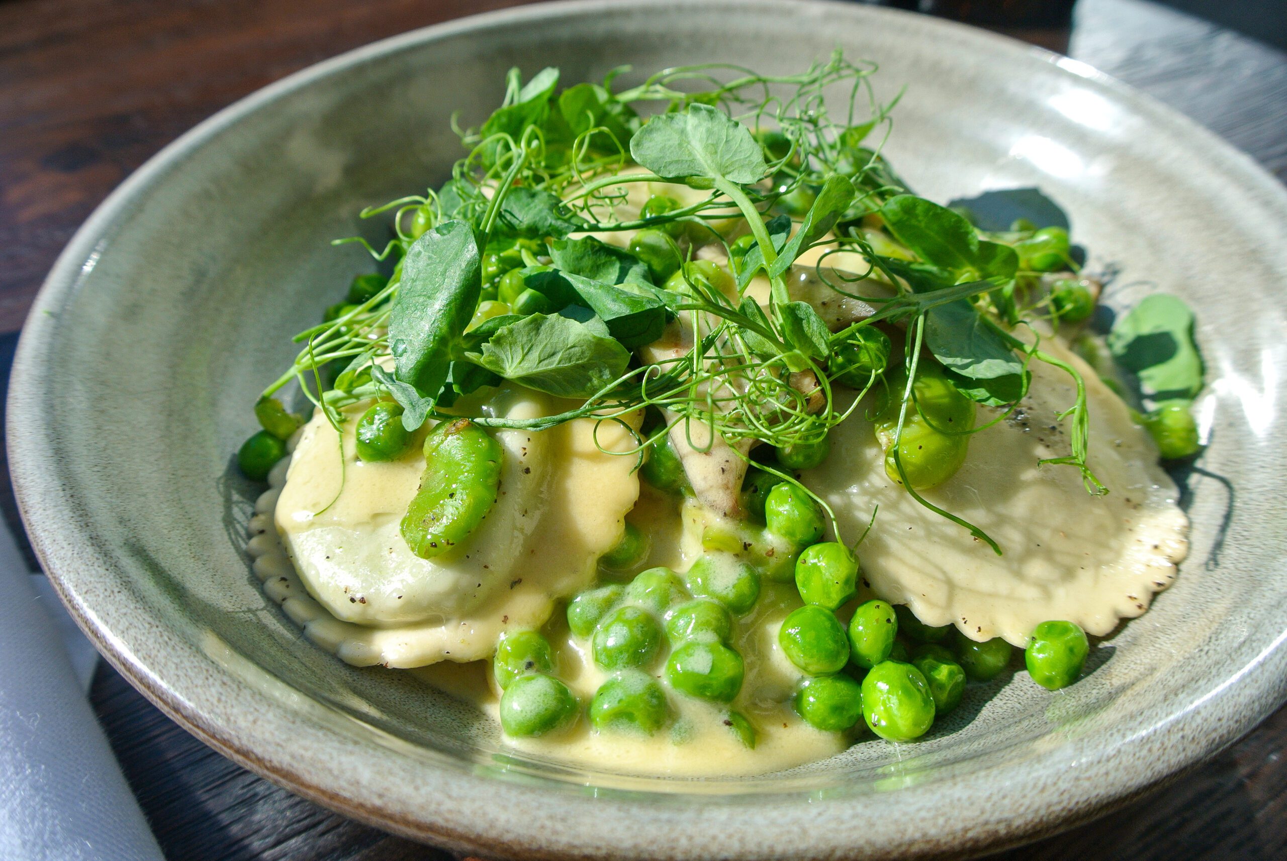 Green Sweet Pea and Tarragon Ravioli. 