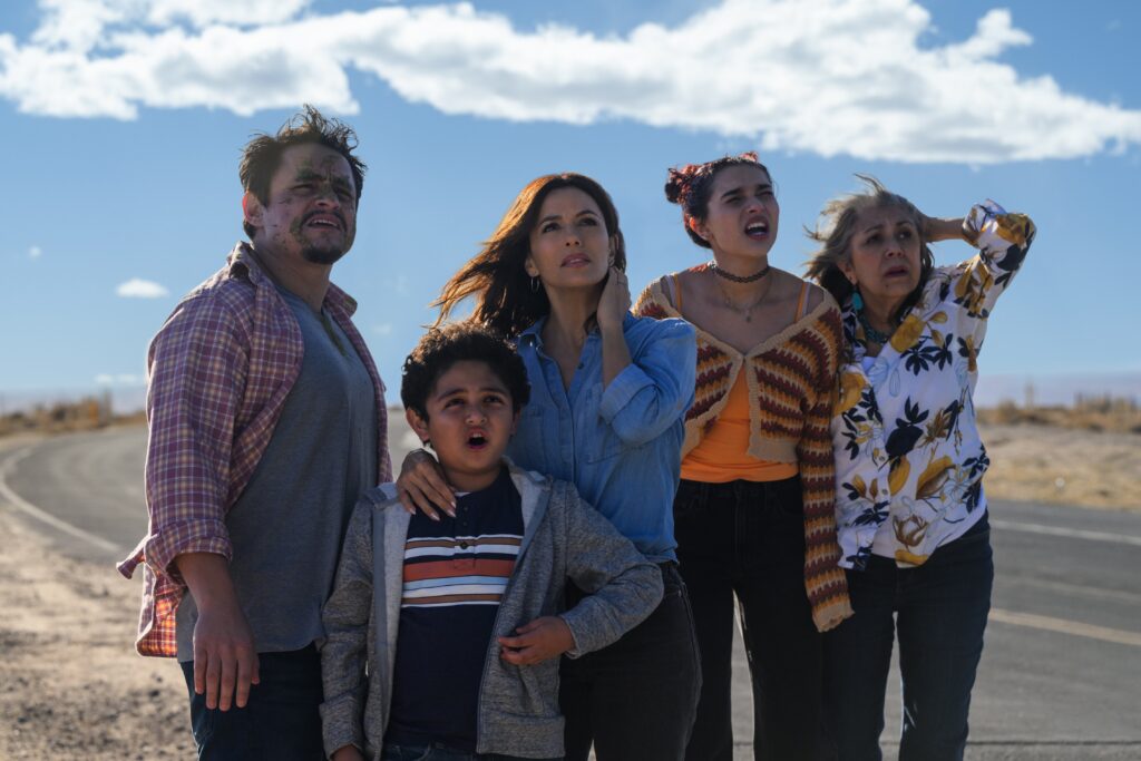 (L-R) Jesse Garcia as Frank Garcia, Thom Nemer as Alexander Garcia, Eva Longoria as Val Garcia, Paulina Chavez as Mia Garcia and Rose Portillo as Lidia in Disney's ALEXANDER AND THE TERRIBLE, HORRIBLE, NO GOOD, VERY BAD ROAD TRIP. Photo by Anna Kooris. © 2024 Disney Enterprises, Inc. All Rights Reserved.