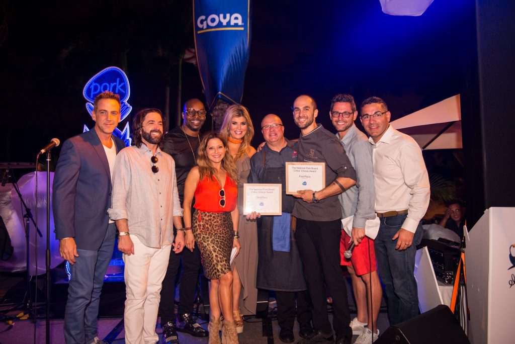 Carlos Ponce, Frank Unanue, el president de Goya Foods’ Florida, Richard Ingraham, Ana Quincoces, David Hackett of The Biltmore Hotel, Brian Nasajon, executive chef de Wynwood’s Beaker & Gray Restaurant, Brett Friedman, manager de la Agencia 21 y Jose de Jesus, director de multicultural de marketing en el National Pork Board.